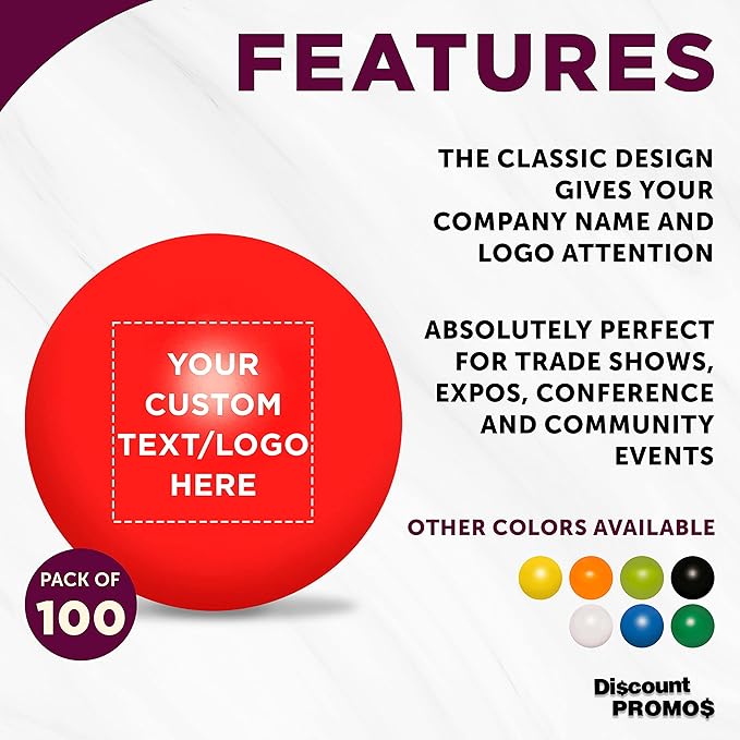 Custom Stress Balls for Adults, 100 Pack, Personalized Text, Logo, Hand Exercise, Perfect for Your Desk, Office, or Home, Red