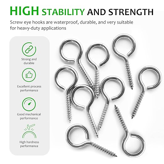 M5 10 Pcs 304 Stainless Steel Screws Eye,2.56 Inch Screw Self Tapping Eye,Load Bearing 200LB, Duty Eye Bolt for Wood Securing Cables Wire,Indoor & Outdoor Use (10, M5 2.56 Inch)