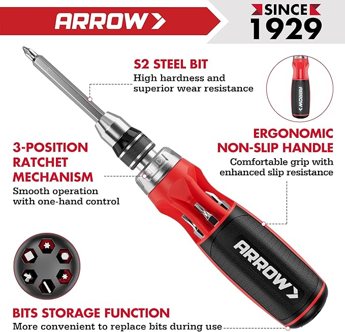 ARROW Ratcheting Screwdriver, 12-IN-1 Multi Bit Ratchet Screwdriver set, Premium S2 Steel Screw Drivers, Innovated Bits Quick-Load Mechanism, with Phillips, Slotted, Torx, Square Bits Stored in Handle