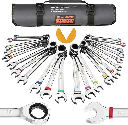 GRENPRO Ratcheting Wrench Set, 23PCS Combination Wrench Sets, Wrench Set Metric and Standard & SAE, 6-18mm & 1/4" to 3/4" with Color Ring, Ratchet Set With Roll Up Pouch, CRV Socket Mechanic Tool Sets