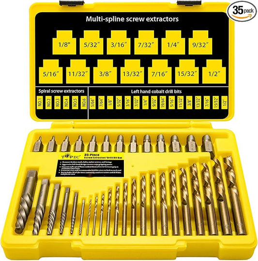 Topec 35-Piece Screw Extractor and Left Hand Drill Bits Set, Easy Out Screw Extractor Set with Reverse Drill Bits, Multi-Spline Extractors for Removing Broken Bolts and Stripped Screws