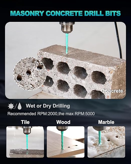10PCS Nine Blades Serrated Carbide Masonry Drill Bit Set - 1/4"*4, 5/16"*2, 3/8"*2, 1/2"*2 Wood Drill Bits for Wood Plastic Masonry Brick Tile Glass Concrete Marble