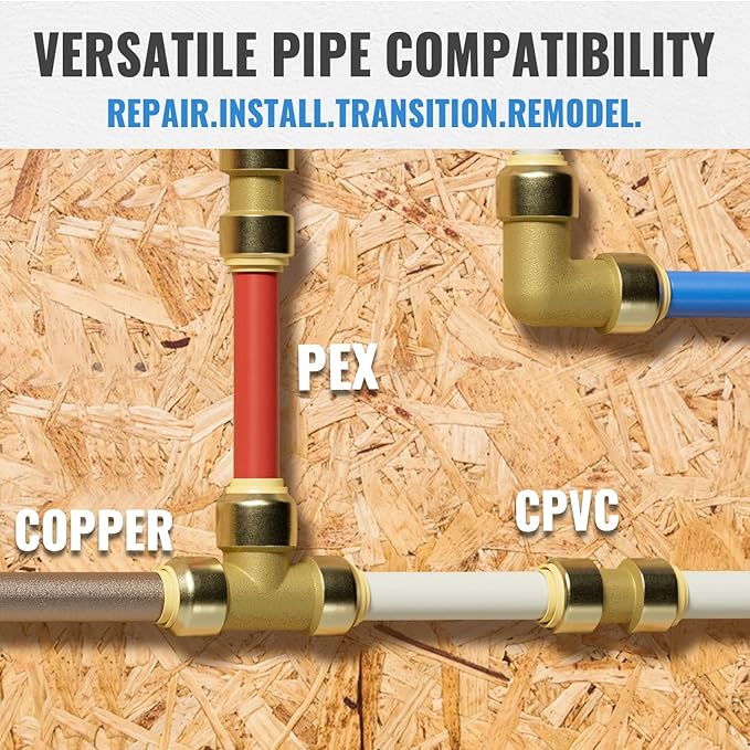 SUNGATOR Push Plumbing Fittings Set, 1/2 Inch Coupling (10 PCS), 3/4 Inch Coupling (10 PCS), No Lead Brass Push to Connect Pex Pipe, Copper, CPVC, with 2 Disconnect Clips, Pack of 20