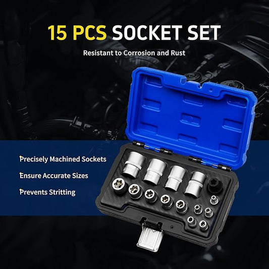 15pc External Torx Plus Socket Set Compatible with Tesla, 6 Point EP Sockets EP4, EP5, EP6, EP7, EP8, EP10, EP11, EP12, EP14, EP16, EP18, EP20, EP22, EP24 with 1/2'' 3/8'' 1/4'' Dr, 5 Point CR-V