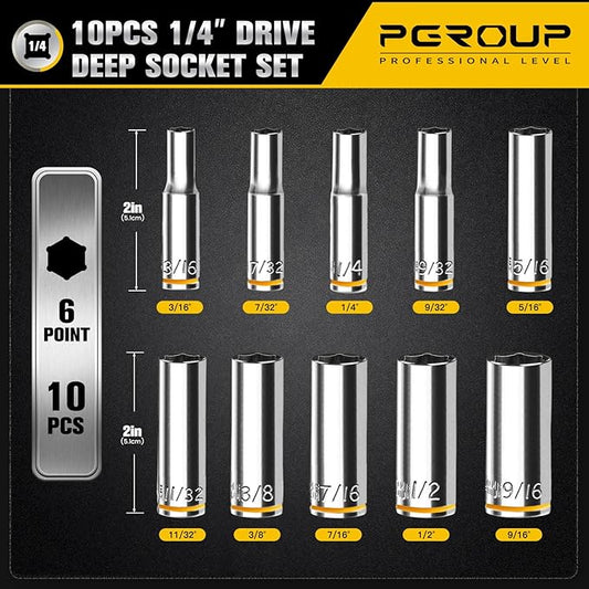 10PCS 1/4??Drive Deep Socket Set, SAE (3/16"-9/16"), 6-Point, Cr-V Steel, Chrome Plated Socket With Hanging Bracket, Cover Most Commonly Sizes