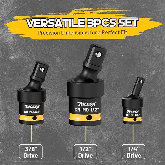 TOLESA Swivel Socket Set, Impact Universal Joint-Socket Set, 1/2", 3/8", 1/4" Flexible Socket Swivel Set Premium CR-MO Steel U Joint Adapter Wobble