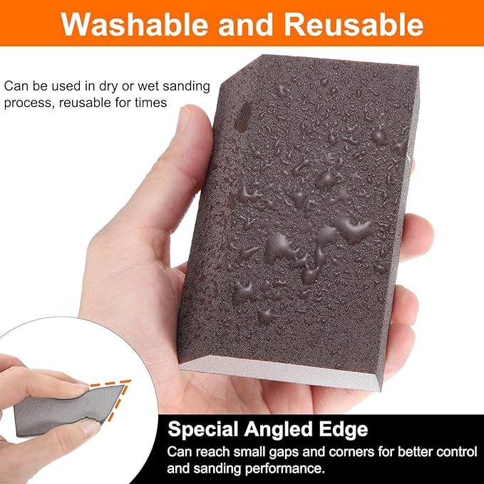 HARFINGTON 4pcs Sanding Sponge Blocks 180-220 Grit Sanding Sponge with Angled Edge 4"x2.8"x1", Washable and Reusable Foam Sanding Block for Polishing Kitchen Metal Wood Drywall Home