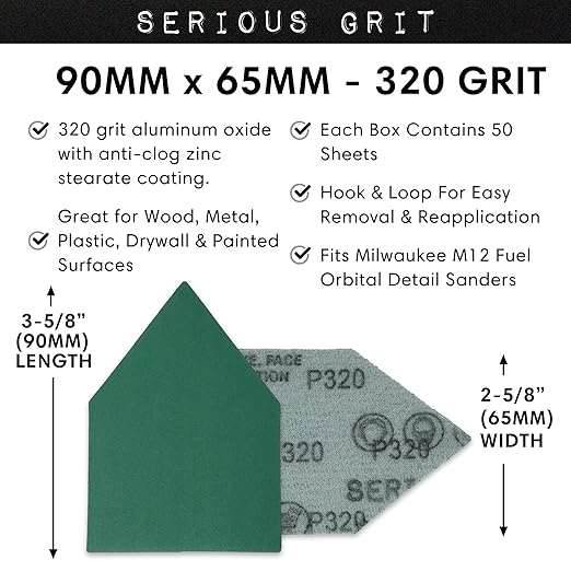 Serious Grit - 320 Grit 90mm x 65mm Triangle Sanding Sheets - Fits Milwaukee M12 Fuel Sanders - Heavy-Duty Hook & Loop Film Sandpaper Pads for Orbital Detail Sanders - 50 Pack Box