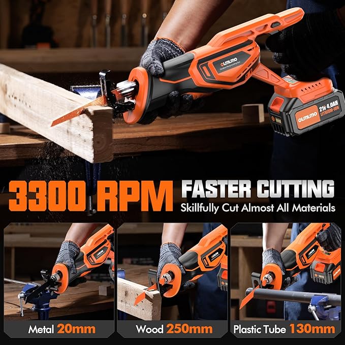 Reciprocating Saw Cordless with 8 Blades: 2 x 4.0Ah Battery, Brushless Motor 3300 RPM, Cordless Reciprocating Saw Kit for Wood PVC Metal Tree Bone Cutting DIY (Orange)