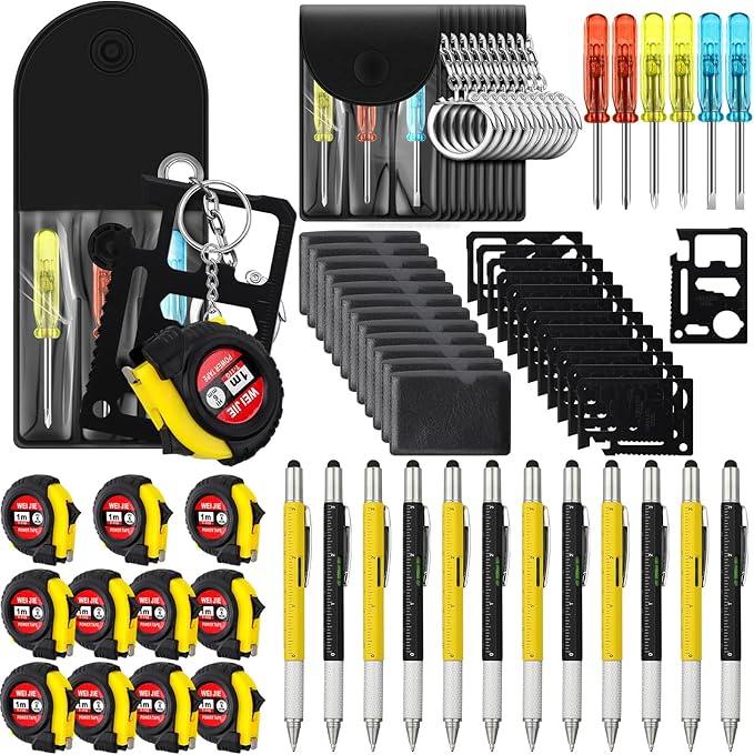 192 Pcs Mini Tape Screwdriver Keychain Set Valentine's Day Men Gifts Bulk Employee Appreciation Gift Bulk Multitool Pen Card for Adult Tool Party (Yellow,Black)