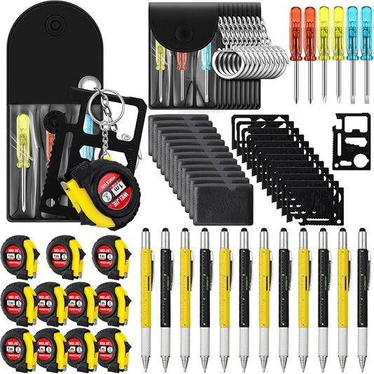 192 Pcs Mini Tape Screwdriver Keychain Set Valentine's Day Men Gifts Bulk Employee Appreciation Gift Bulk Multitool Pen Card for Adult Tool Party (Yellow,Black)