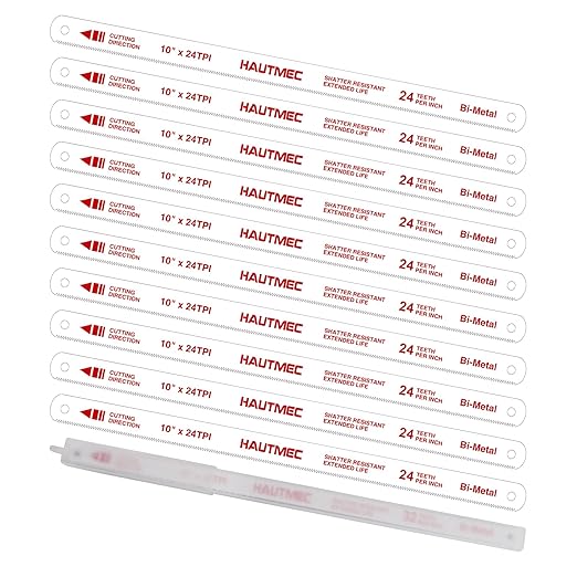 HAUTMEC 10" Hacksaw Blades 24 TPI – 10 Pack Bi-Metal Replacement Blades with High-Speed Steel Teeth and Spring Steel Body, Professional Grade, Fits Most Hacksaw Frames