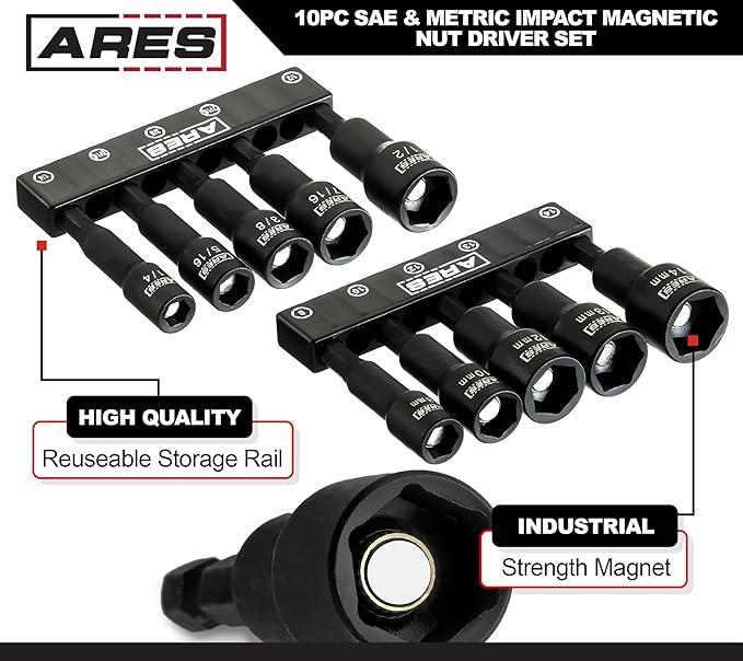 ARES 27102-10-Piece SAE and Metric Impact Magnetic Nut Driver Set - 2 1/2-Inch Impact Grade Nut Setters with Industrial Strength Magnets and Holders