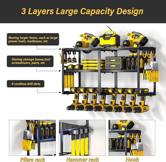 Power Tool Organizer Wall Mount, Heavy Duty Cordless Tool Organizer 8 Drill Holder, 3 Layer Garage Organization for Storage Rack, Suitable Tool Rack for Tool Room, Workshop, and Storage (Black)