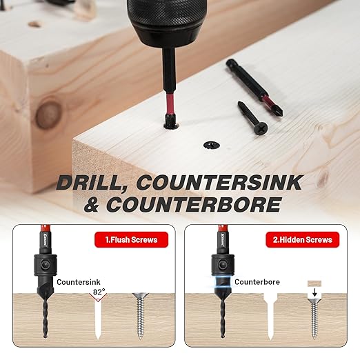 EZARC Countersink Drill Bit Set, 22 PCS Counter Sink Drill Bit with 2 Wood Plug Cutters, Magnetic Extension Bit Holder, Screwdriver Bits, 1/4" Hex Shank for Woodworking with Storage Box