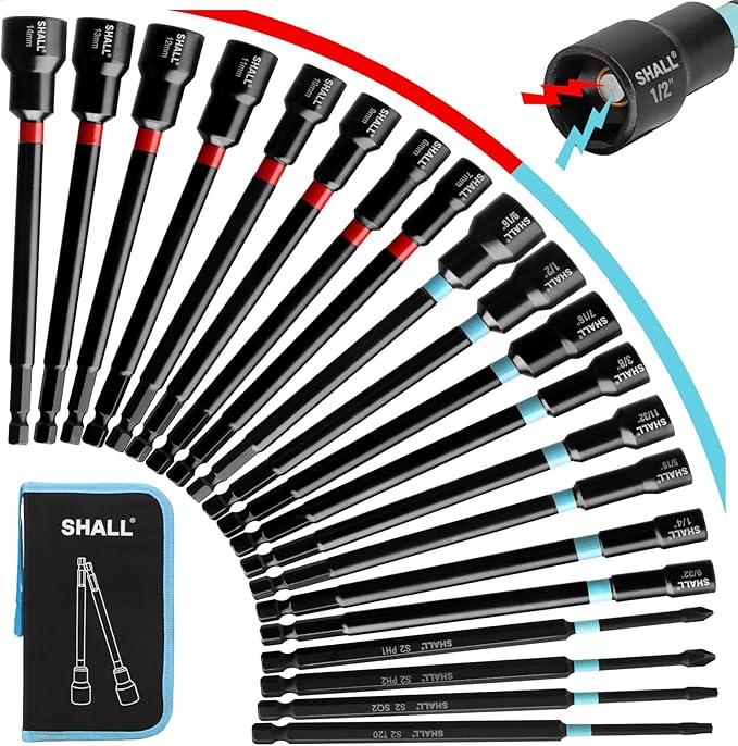 SHALL 20PCS Magnetic Nut Driver Set, 6??Long Nut Drivers for Impact Drill, SAE & Metric 1/4??Hex Shank Nut Driver Bit & Impact Drill Driver Bit w/Power Screwdriver Bits PH1/PH2/SQ2/T20, Storage Bag