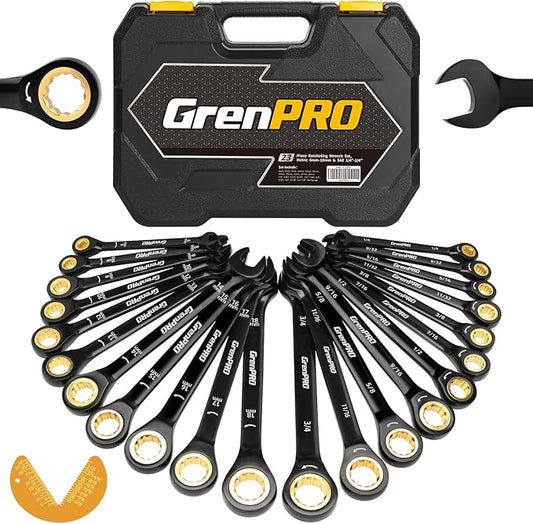 GRENPRO Ratcheting Wrenches Set, Combination Wrench Sets With Organizer Box, 23PC SAE & Metric And Standard, 1/4" to 3/4" & 6-18mm, Open End Wrench Set, Electrophoretic Coating Sock Mechanic Tools