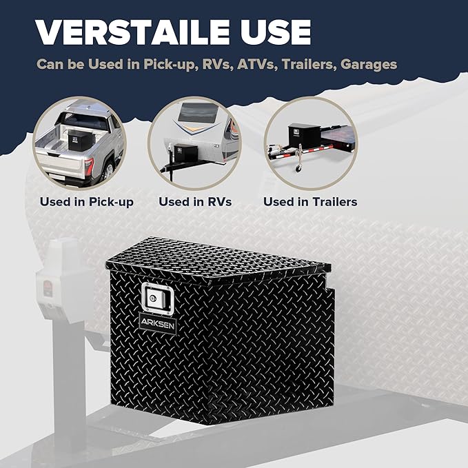 ARKSEN 29 Inch Aluminum Diamond Plate Tongue Box Tool Chest, Waterproof Under Truck Storage for Pick Up Truck Bed, RV Trailer, ATV with Lock and Keys - Black