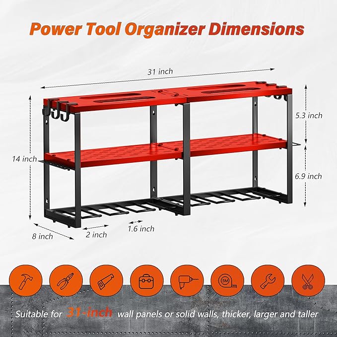 Power Tool Organizer Wall Mount, Heavy Duty Cordless Tool Organizer 8 Drill Holder, 3 Layer Garage Organization for Storage Rack, Suitable Tool Rack for Tool Room, Workshop, and Storage (Red)