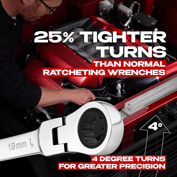 Jaeger 19 mm Flex Head TIGHTSPOT Ratchet Wrench, 4 Degree Swing arc, 12-Point Ratchet Combination Wrench, 90-Tooth