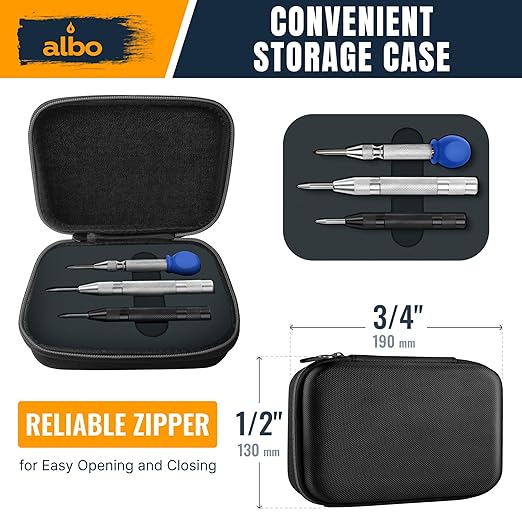 ALBO Automatic Center Punch Set ??3 Heavy Duty Spring Loaded Punch Tools for Metal, Wood, Steel ??Precision Tips, Galvanized & Blackened Options, Storage Box ??Ideal for DIY, Workshop & Professionals