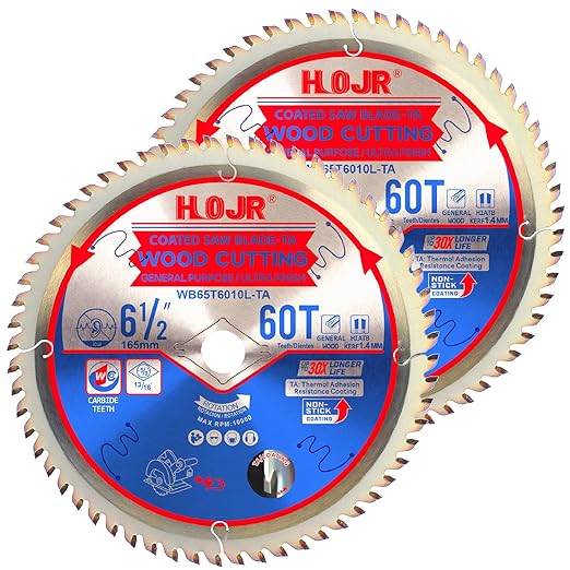 2-Pack 6-1/2" 60-Tooth 5/8" Arbor Woodworking Circular Saw Blade,Ultra Finish/General Purpose,Special Anti-Thermal Adhesion Coating on Cutting Edge-TA,High Finish, Long Life,6-1/2" 60T 5/8"