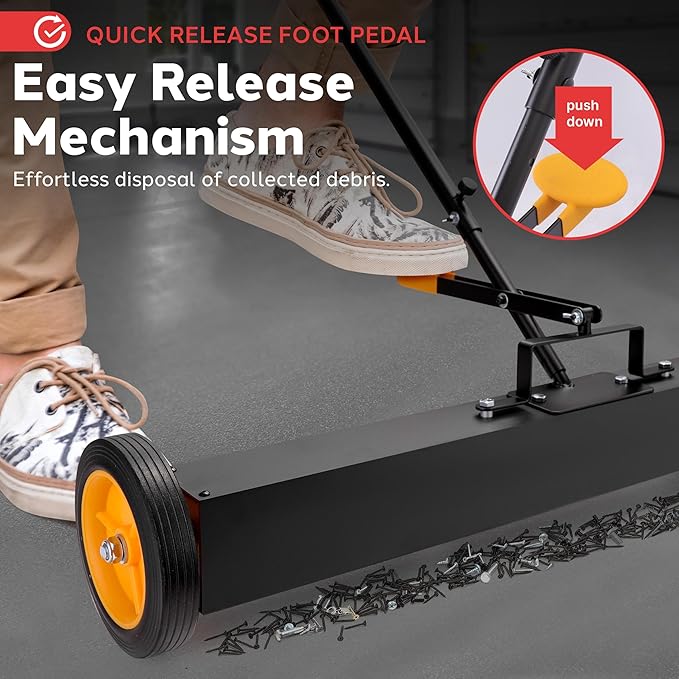 Pyle 36" Rolling Magnetic Sweeper with Adjustable Handle - Strong and Durable Metal Construction Heavy-Duty Cleaning/Metal Pickup for Industrial and Commercial Use (Black and Orange)