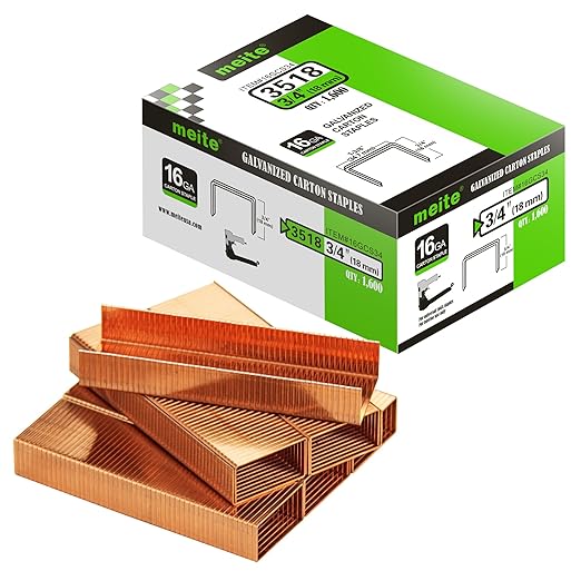 meite Carton Closing Staples 16 Gauge 1-3/8" Wide Crown 3/4" Leg Copper-Coated Carton Staples for Pneumatic or Manual Box Stapler Gun - Cardboard Closer Packaging (1,600PCS)