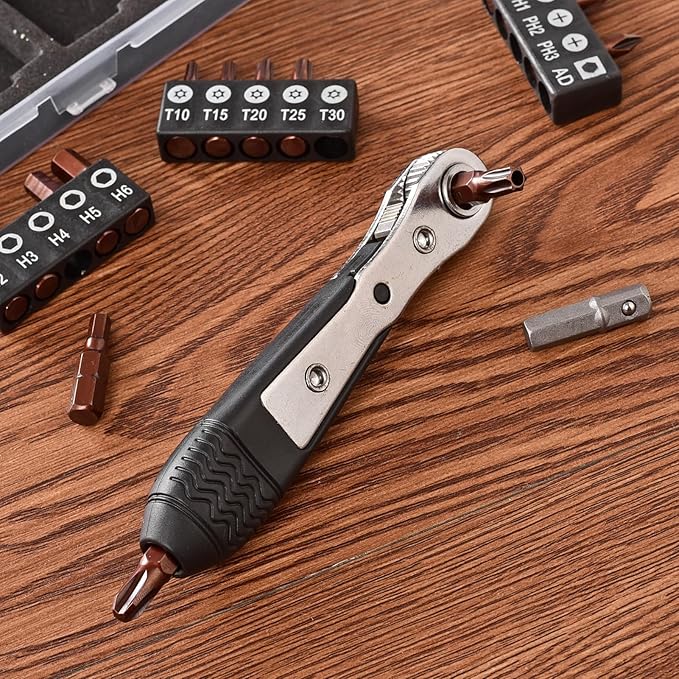 Mini Ratchet Set, Right Angle Screwdriver set with 1/4 Mini Ratchet Wrench and Bits for Tight Spaces
