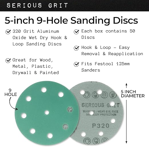 Serious Grit - 5-Inch 9-Hole 320 Grit Sanding Discs - Heavy-Duty Hook & Loop Film Discs - Sandpaper for Random Orbital Sanders - 50 Pack Box