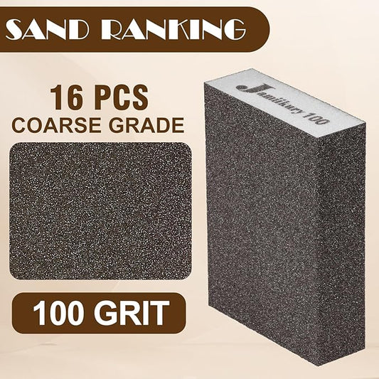 16Pcs 100 Grit Sanding Blocks, Jamiikury Medium Sanding Sponge Washable and Reusable, Wet Dry Sandpaper Sponge for Wood Metal FurniturePaint and Drywall