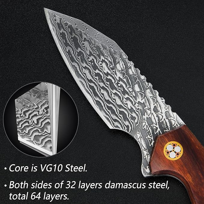 FLISSA 8-1/2 Inch Damascus Steel Hunting Knife, Fixed Blade Knife with Leather Sheath, Full-Tang Construction Survival Knife for Camping, Hiking and Outdoor Adventures, Rosewood Handle, Great Gifts for Husband, Wife, Mom and Dad