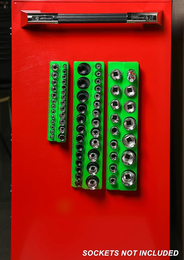 ARES 60007-26-Piece 3/8 in SAE Magnetic Socket Organizer -GREEN -Holds 13 Standard (Shallow) and 13 Deep Sockets -Perfect for your Tool Box -Also Available in RED