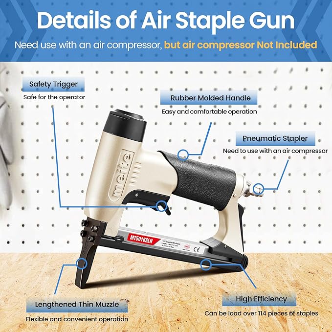 meite Upholstery Staple Gun with Extended Nose &Safety Trigger for 20 Gauge 1/2-Inch Crown Staples, Heavy-Duty Pneumatic Stapler for Woodworking and Decoration DIY Projects (Model MT5016SLN)