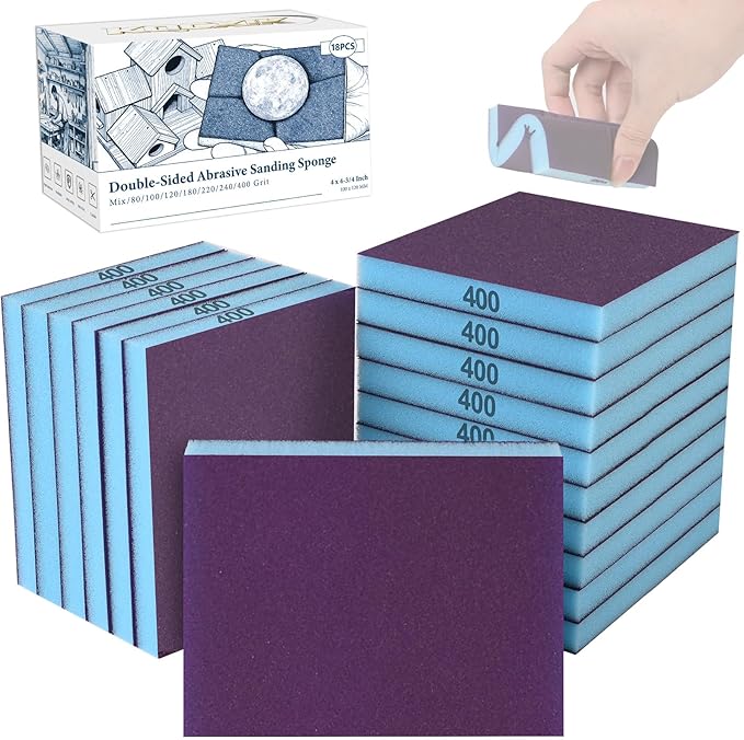 18 Pack Double-Sided Sanding Sponge, Wet Dry Sanding Blocks 400 Grit Washable Sandpaper Sponge Assortment Pack for Curved Wood Furniture Paint Drywall Metal