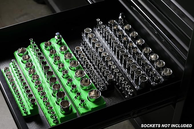 ARES 60160-6-Piece Magnetic Socket Organizers - Metric and SAE Set Black and Green -1/4 in, 3/8 in, 1/2 in Socket Holders -143 Pieces of Standard (Shallow) and Deep Sockets -Organize Your Tool Box