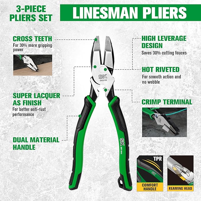 SK 3-Piece Pliers Set, 9.5-Inch Linesman, 8-Inch Diagonal & Needle Nose Pliers, High Carbon Steel, Ergonomic Anti-slip Handle, with Rolling Pouch