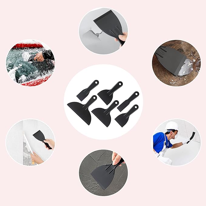 6 Pack Plastic Putty Knife, Durable Plastic Scraper Tool with No-Slip Grip for Spackle, Spreader, Non Scratch and Easy Cleaning Spackle Knife, Putty Knife Set, Black