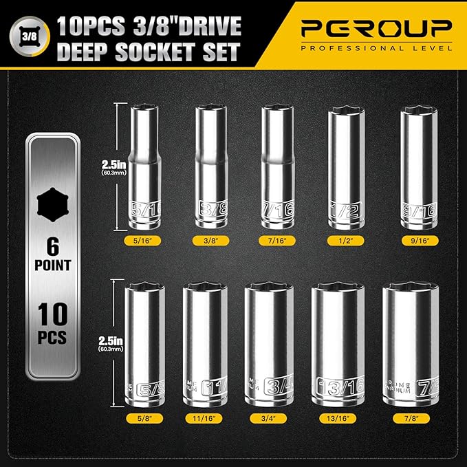 10PCS 3/8??Drive Deep Socket Set, SAE (5/16"-7/8"), 6-Point, Cr-V Steel, Chrome Plated Socket With Hanging Bracket, Cover Most Commonly Sizes