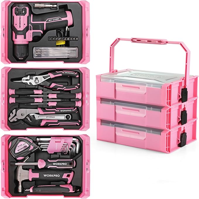 WORKPRO Pink Tool Set with Drill, 43PCS Power Drill Set with Toolbox, 8V Lithium-ion Cordless Drill and Bits, 2.0 Ah Portable Electric Screwdriver Home Tool Set with Stackable Box- Pink Ribbon