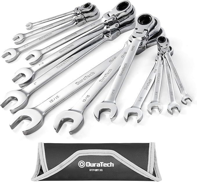 DURATECH Flex-Head Ratcheting Combination Wrench Set, SAE, 13-piece, 5/16'' to 1'', CR-V Steel, with Rolling Pouch