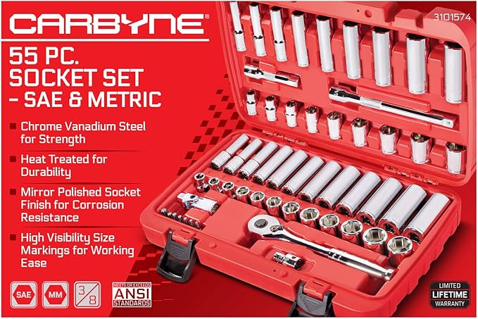 CARBYNE 55-Piece 3/8" Drive 6 Point Socket & Ratchet Set | SAE & Metric. Includes Metric 8mm to 19mm, SAE 5/16" to 3/4". Chrome Vanadium Steel ??From a Family-Run Tool Company Based in the U.S.A.