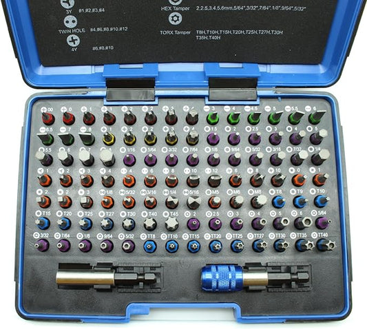 100 pc Color Coded Impact Ready Security Bits Screwdriver Set Kit with 2 Quick Chucks, Phillips, Torx, Slotted Flat, Pozi, Hex, Tri-Wing Pozi Clutch, Spline, Square, Spanner, TORQ-Set, Tamper