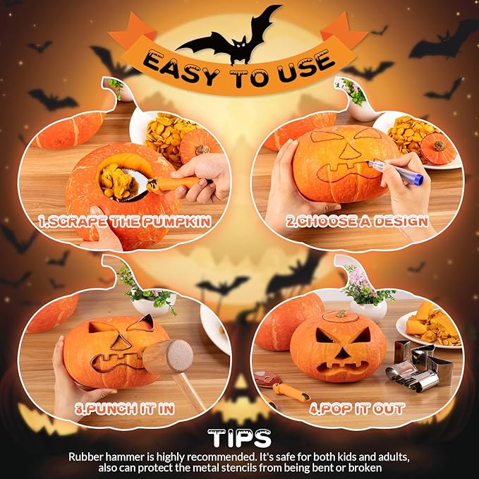 WANNTS Pumpkin Carving Kit Halloween, Safe and Easy Pumpkin Carving Set for Kids, DIY Stainless Steel Pumpkin Carving Tools for Halloween Decoration Jack-O-Lanterns, Gift for Halloween(With Hammer)