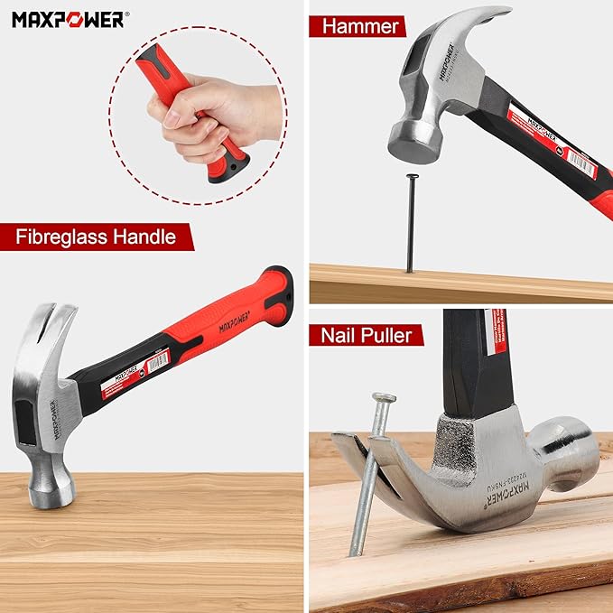 MAXPOWER Hammer Set, 8oz & 20oz Claw Hammers, Polished Alloy Steel Hammer-Head & Fiberglass Handle with Rubber Grip