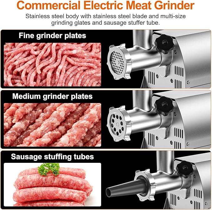Commercial Meat Grinder Mincer, Heavy Duty Professional Sausage Stuffer, Stainless Steel Body with S.S. Blade, Multi-Size Grinding Glates&Sausage Stuffer Tube, for Catering, CE Certification