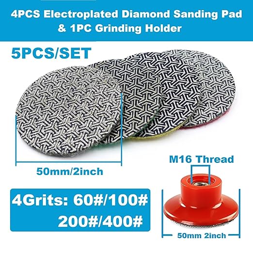 2inch 50mm Electroplated Diamond Sanding Pad, 60/100/200/4000Grit Grinding Sandpaper Pad & M16 Thread Hook and Loop Backing Holder for Detail Fine Buffing Polishing Trimming (5Pcs/Set)