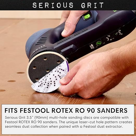 Serious Grit - 3.5-Inch (90mm) 220 Grit Sanding Discs - Advanced Ceramic Grain - Universal Multi-Hole Design Fits Festool RO 90 & Other 3.5 in RO Sanders - Heavy-Duty Hook & Loop Film Discs - 50 Pack