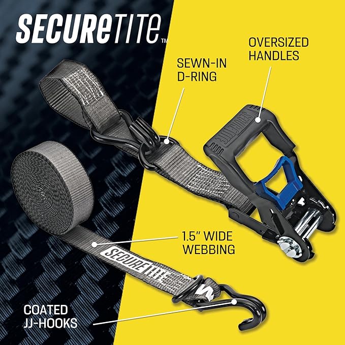 Secure Tite 1-1/2??x 20??Tie Down Ratchet Straps, Ratchet Tie Down Straps, Double J-Hook, 1667 lbs Working Load Limit, 5000 lbs Break Strength,(Pack of 16)