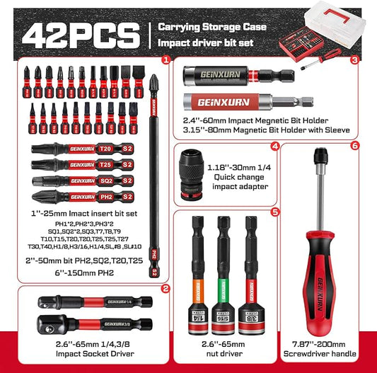 42Pcs Impact Screwdriver Set,Impact Screwdriver Bit Set Phillips/Hex/Torx/Square/Slotted Insert Power Bits Tips,Impact Nut Driver,Bit Holder and Screwdriver Handle with Red Storage Box Case